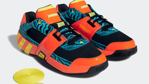View of Gilbert Arenas' multi-colored Adidas shoes.